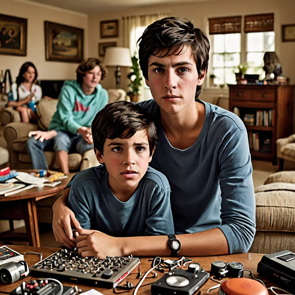 a man and a boy sitting in front of a table with electronics on it and a woman sitting behind them, Diego Gisbert Llorens, serial art, a stock photo, promotional image