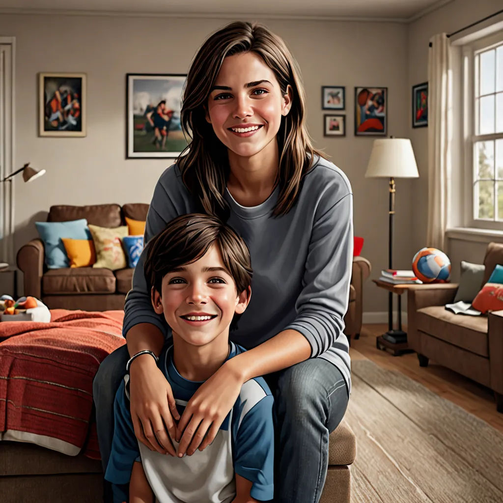 a woman and a boy are sitting on a couch in a living room together, smiling at the camera, Chris LaBrooy, photorealism, a computer rendering, highly detailed digital painting