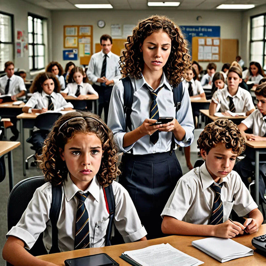 a group of children sitting at desks in a classroom with a teacher looking at a cell phone and a calculator, Diego Gisbert Llorens, quito school, a screenshot, promotional image