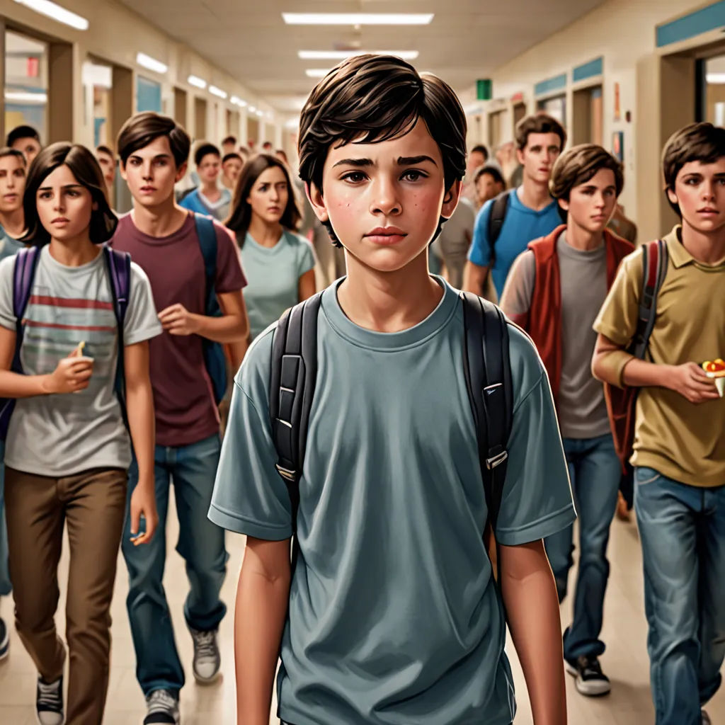 a group of young people walking down a hallway together in a line, with one boy in the middle of the group, Aaron Jasinski, american scene painting, a digital painting, official art