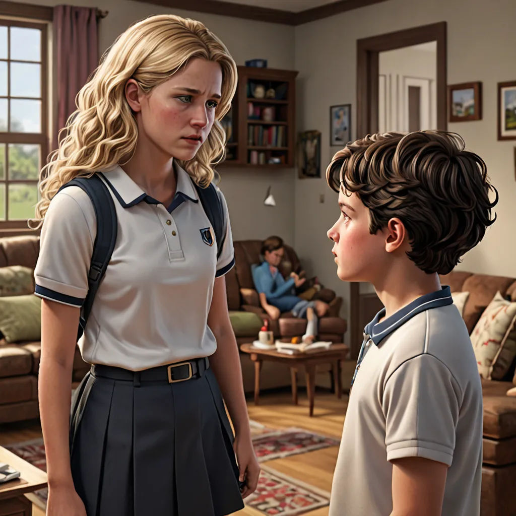 a woman and a boy are standing in a living room together, looking at each other, with a woman standing behind them, F. Scott Hess, photorealism, a computer rendering, promotional image