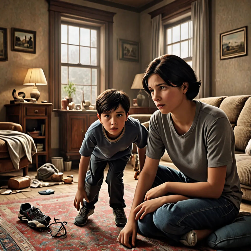 a woman and a boy are sitting on the floor in a living room with a rug and a couch, Brad Kunkle, american realism, a photorealistic painting, promotional image