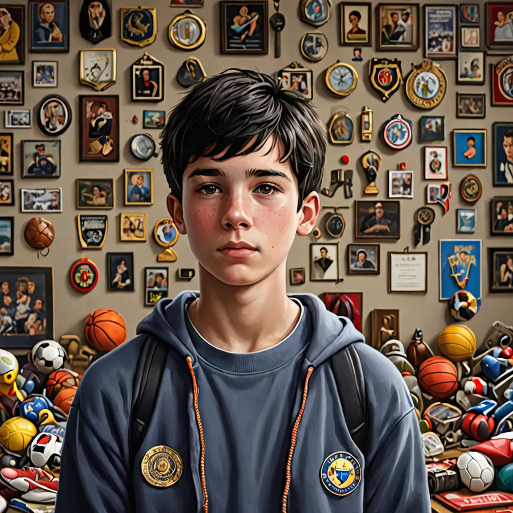 a boy in a blue sweatshirt is standing in front of a wall of sports memorabilia and a basketball ball, Brad Kunkle, hyperrealism, a hyperrealistic painting, highly detailed digital painting
