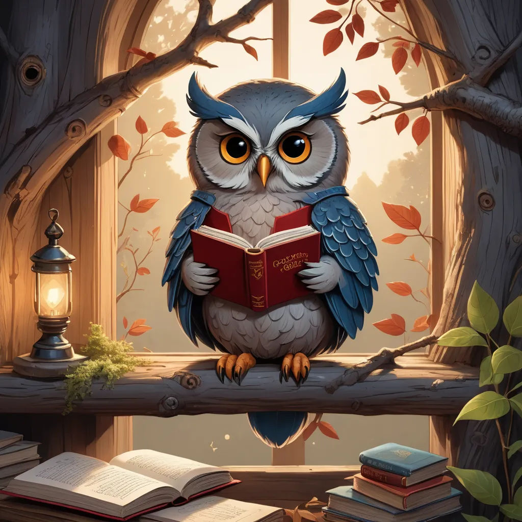 a cartoon owl sitting on a branch reading a book with a lantern in the background and a window behind it, fantasy art, a storybook illustration, Chris LaBrooy, storybook illustration