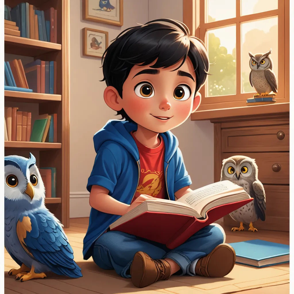 a boy reading a book with owls sitting on the floor in front of him and a window behind him, sots art, a storybook illustration, Diego Gisbert Llorens, storybook illustration
