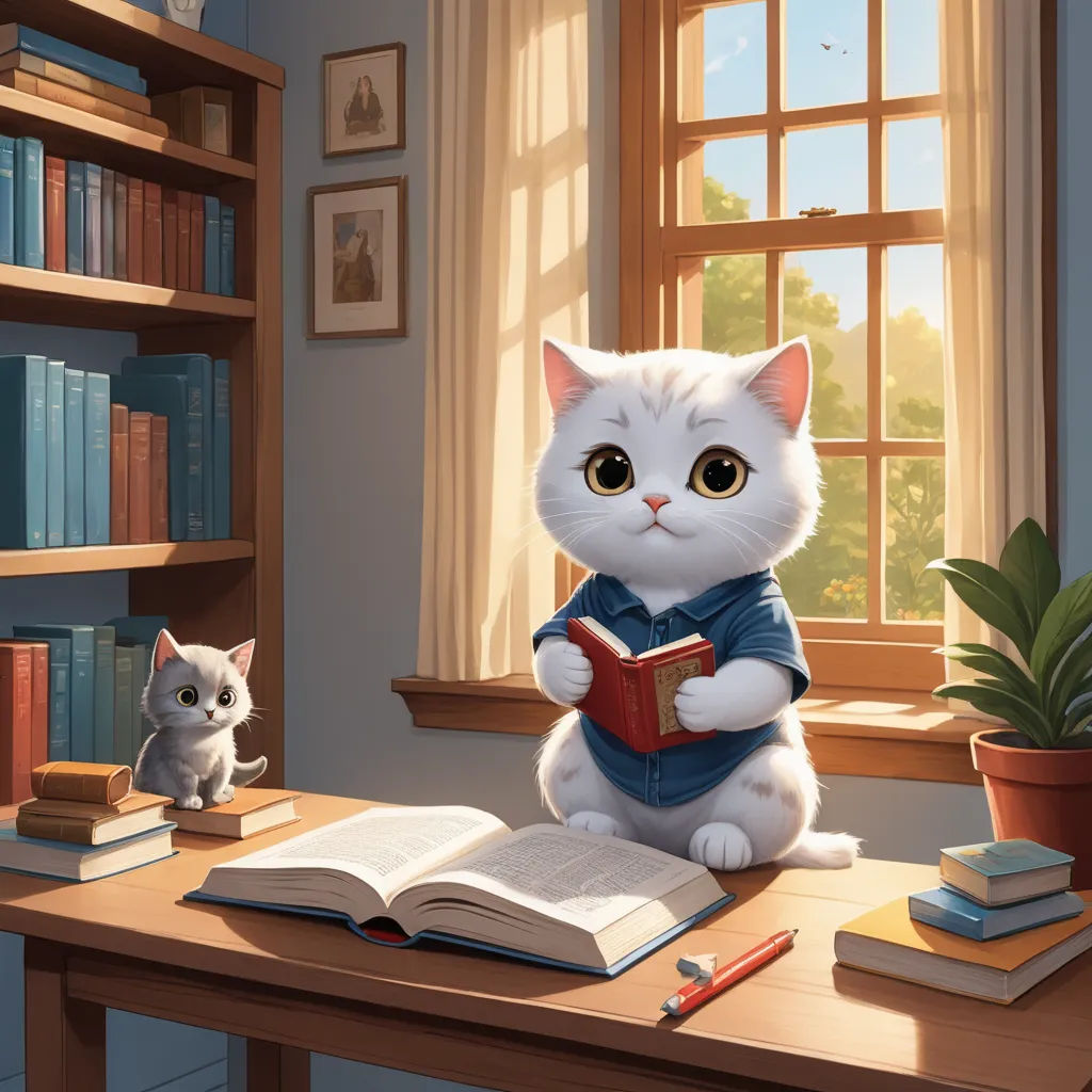 a cat sitting on a desk reading a book next to a cat sitting on a bookcase and a cat sitting on a desk, academic art, a storybook illustration, Chris LaBrooy, storybook illustration