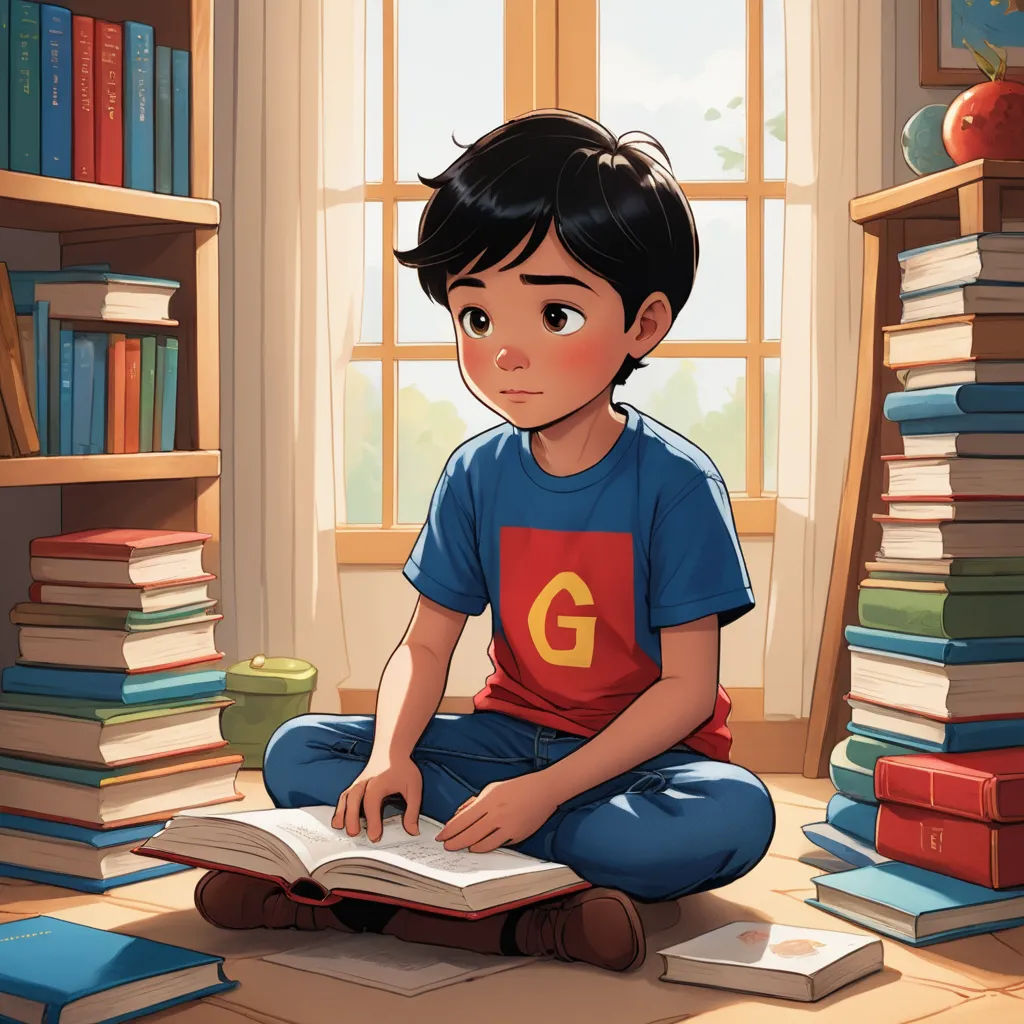 a boy sitting on the floor reading a book in front of a window with bookshelves and a window, photorealism, a storybook illustration, Diego Gisbert Llorens, rossdraws global illumination