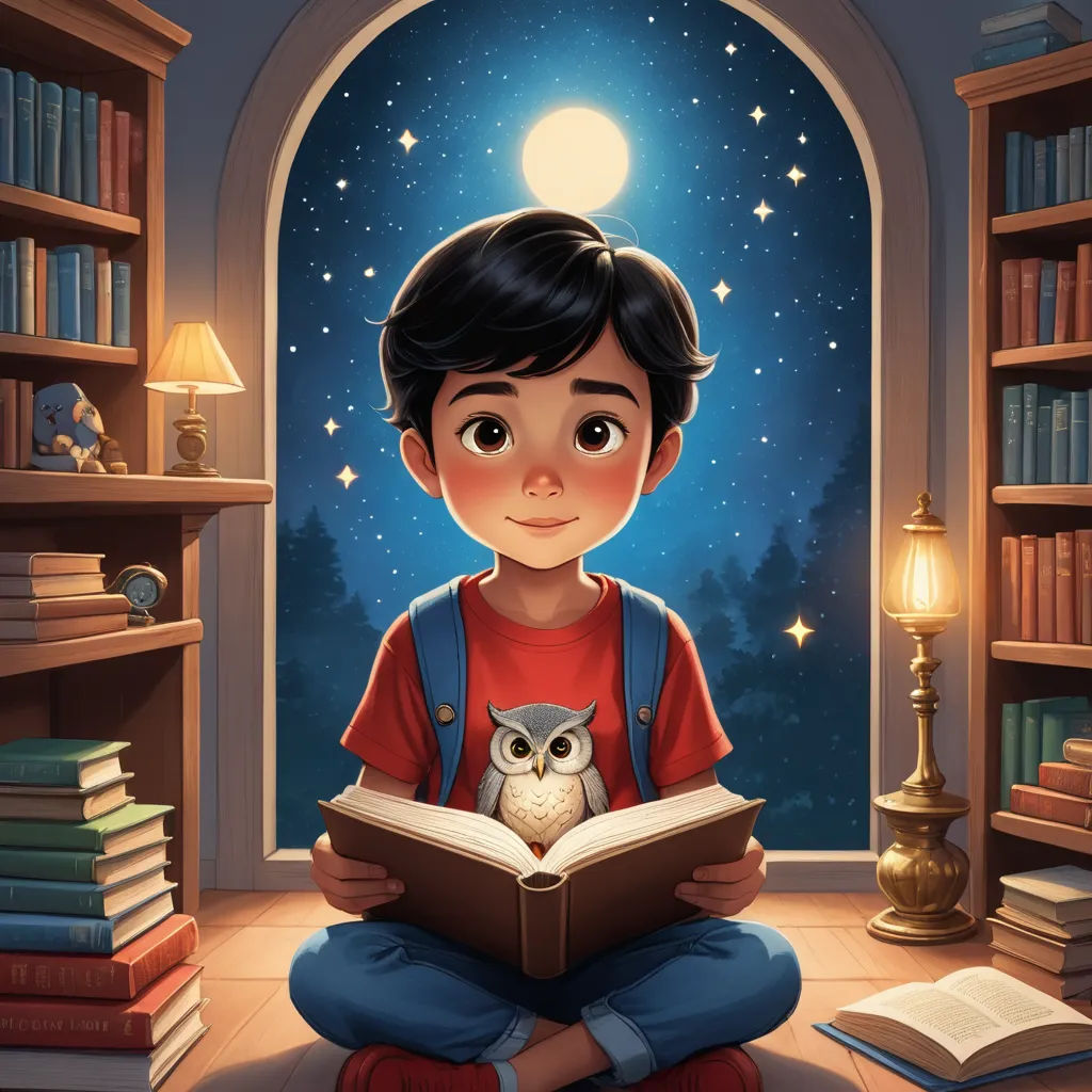 a boy sitting on the floor reading a book with an owl on his lap and a lamp in the background, fantasy art, a storybook illustration, Diego Gisbert Llorens, storybook illustration