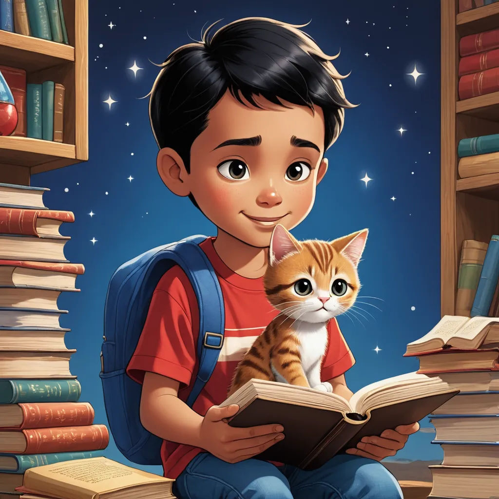 a boy reading a book with a cat on his lap in front of a bookshelf full of books, sots art, a storybook illustration, Chris LaBrooy, storybook illustration