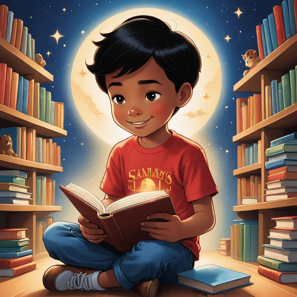 a boy sitting on the floor reading a book in front of a full moon and bookshelves with books, samikshavad, a storybook illustration, Anthony Devas, comic cover art