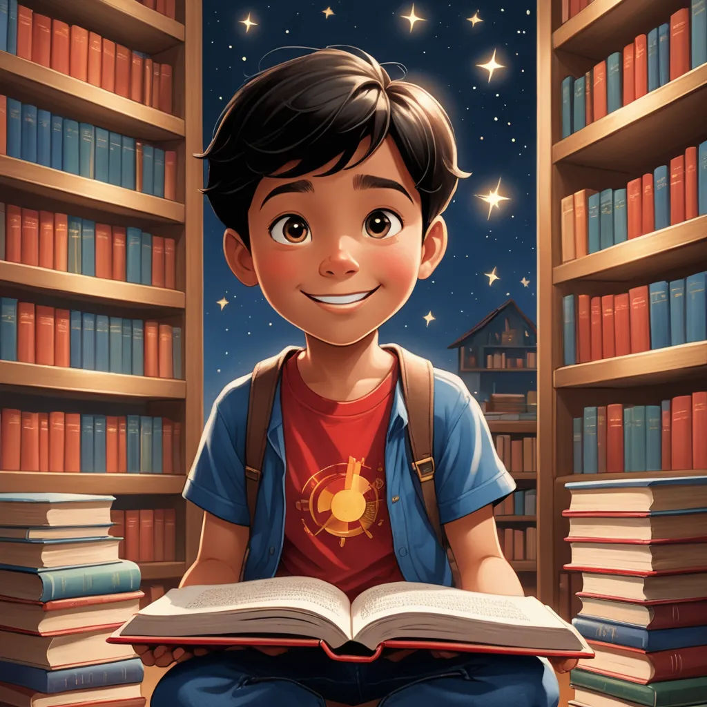 a boy sitting in front of a book shelf with a book in his lap and a book in his lap, photorealism, a storybook illustration, Aaron Jasinski, rossdraws global illumination