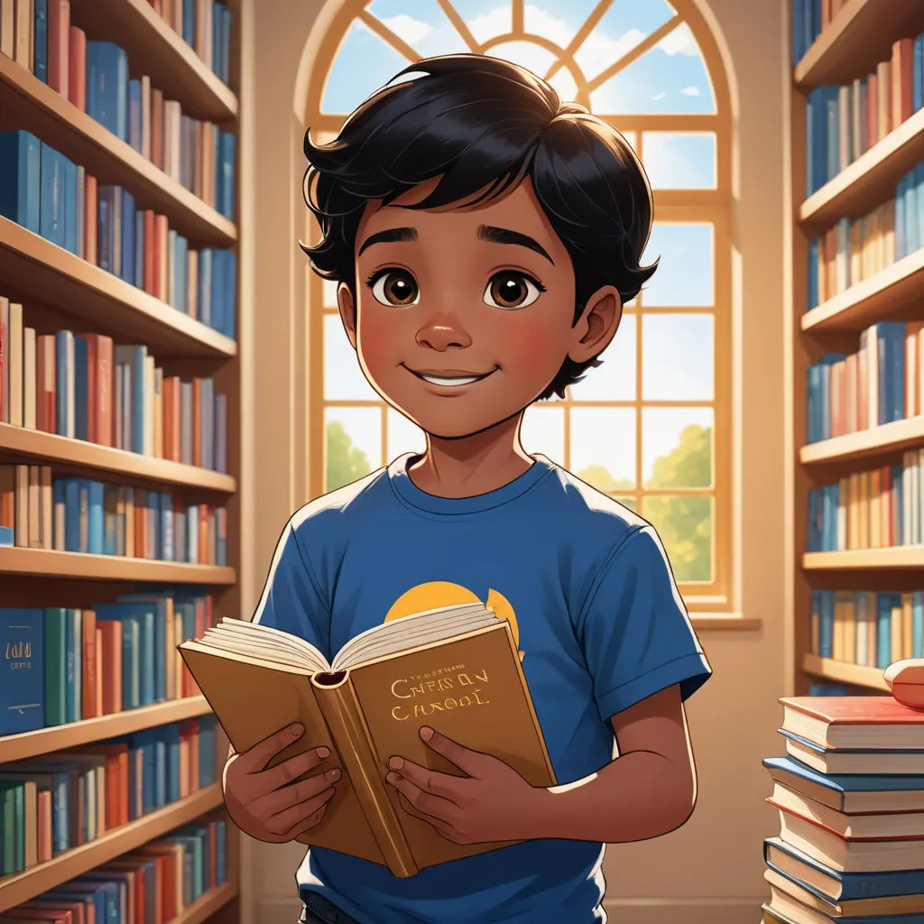 a boy is standing in a library holding a book and smiling at the camera while holding a book in his hands, sots art, a storybook illustration, Chris LaBrooy, storybook illustration
