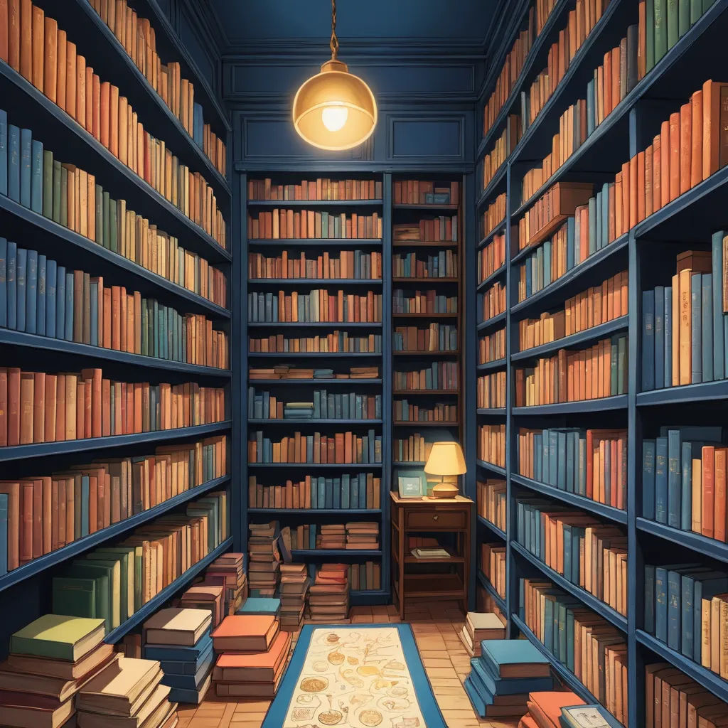 a room with a lot of books on the shelves and a lamp hanging from the ceiling and a rug on the floor, academic art, a detailed matte painting, Chris LaBrooy, rossdraws global illumination