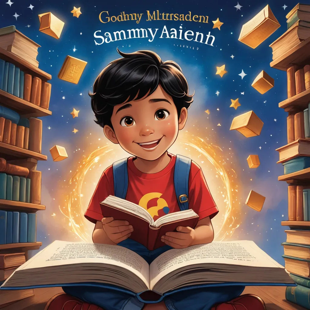 a young boy sitting on the floor reading a book in front of a library full of books and flying books, samikshavad, a storybook illustration, Cosmo Alexander, book cover