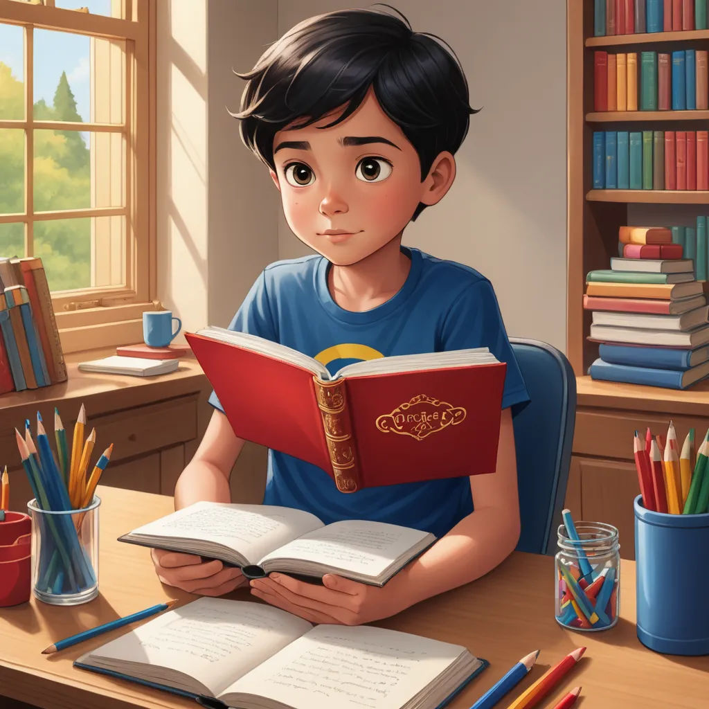 a boy sitting at a desk with a book and pencils in front of him and a cup of coffee, photorealism, a storybook illustration, Diego Gisbert Llorens, rossdraws global illumination