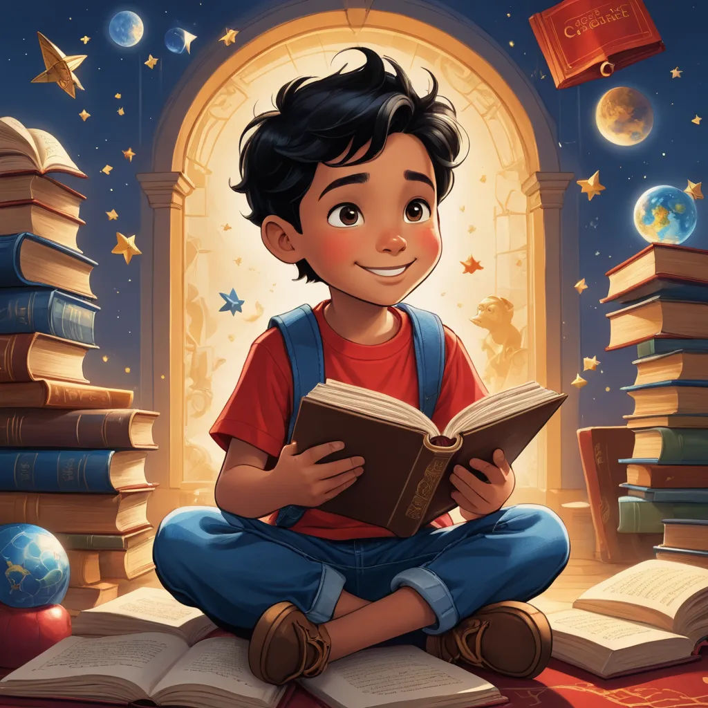 a boy sitting on the floor reading a book with a window in the background and stars and moon in the sky, space art, a storybook illustration, Aaron Jasinski, storybook illustration