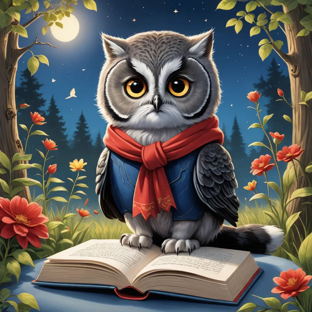 a painting of an owl sitting on a book in a forest with flowers and trees, with a full moon in the background, fantasy art, a storybook illustration, Chris LaBrooy, storybook illustration