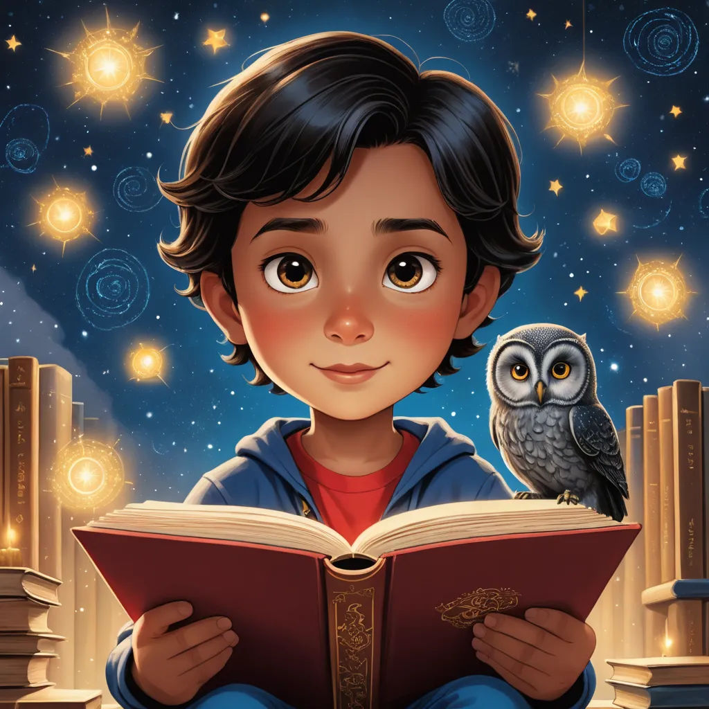 a boy reading a book with an owl on his shoulder and stars in the background, and a city at night, fantasy art, a storybook illustration, Aaron Jasinski, storybook illustration