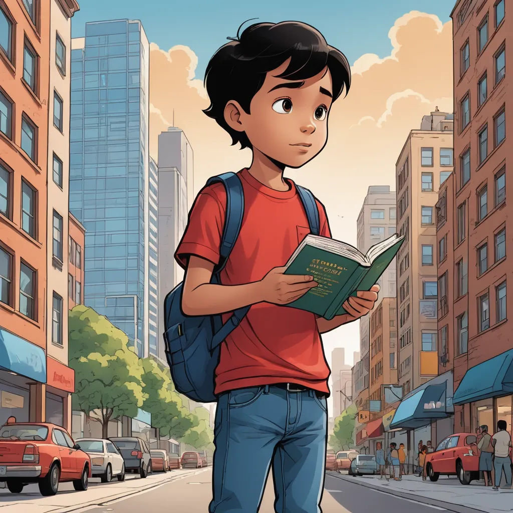a boy is standing on the street reading a book and looking at the camera with a city in the background, underground comix, a comic book panel, Asaf Hanuka, graphic novel