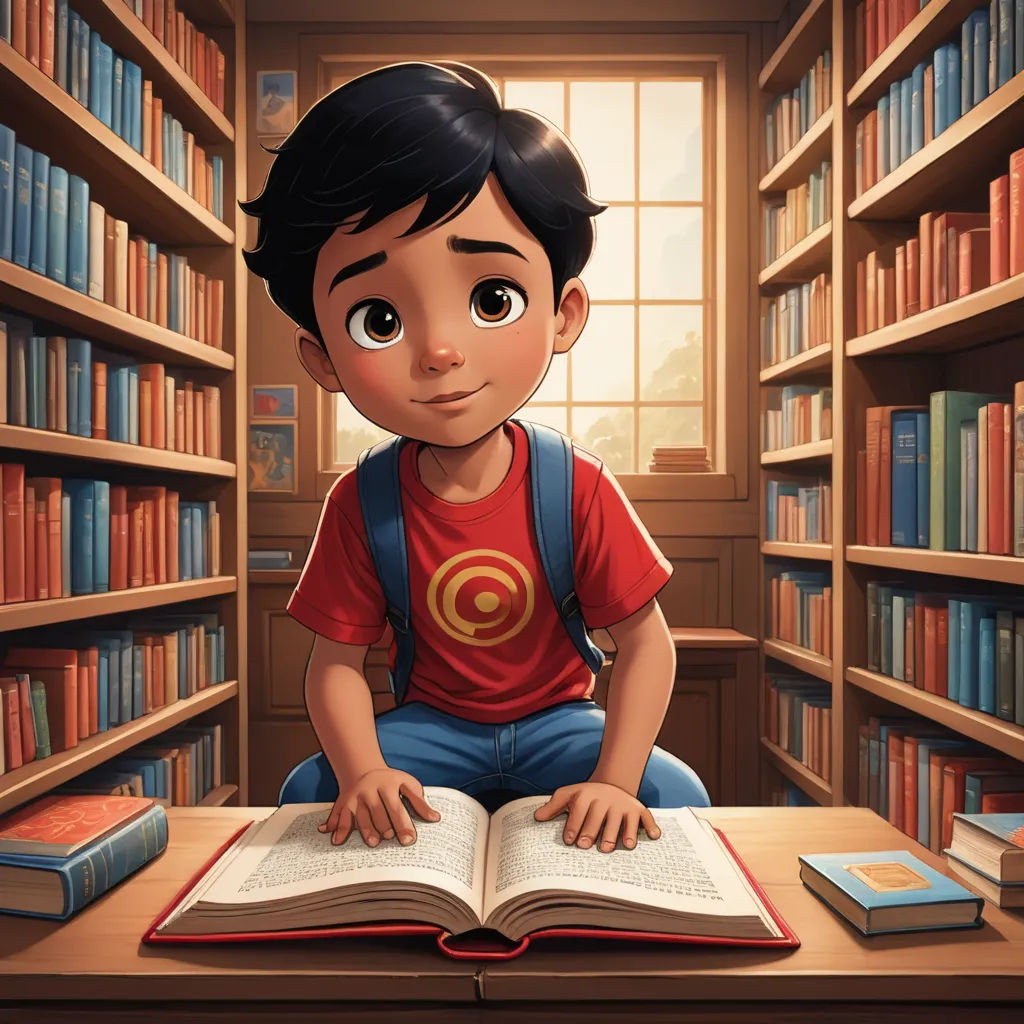 a boy sitting on a desk reading a book in a library with bookshelves behind him and a window, sots art, a storybook illustration, Chris LaBrooy, storybook illustration