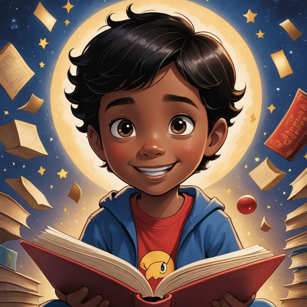 a boy reading a book in front of a full moon and books falling from the sky in the background, space art, a storybook illustration, Chris LaBrooy, comic cover art