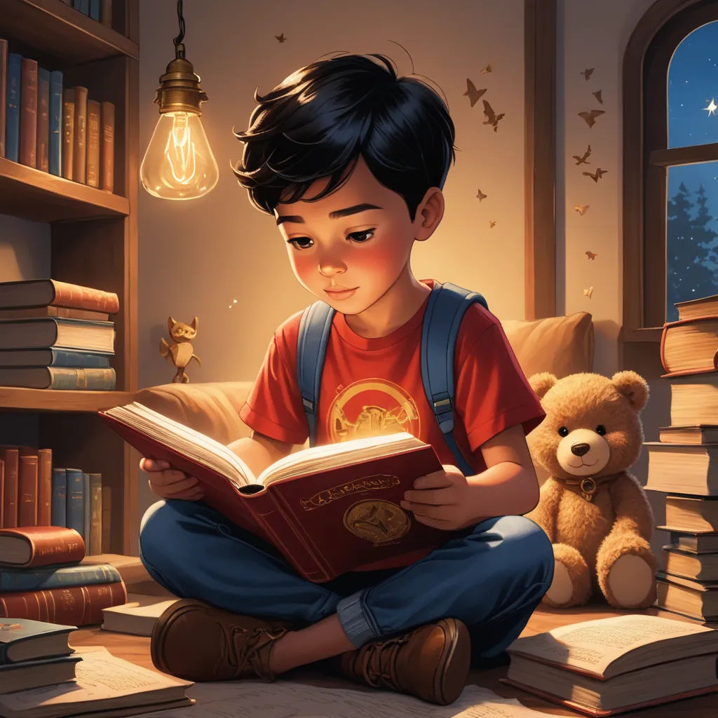 a boy sitting on the floor reading a book with a teddy bear nearby reading a book in a library, fantasy art, a storybook illustration, Chris LaBrooy, rossdraws global illumination