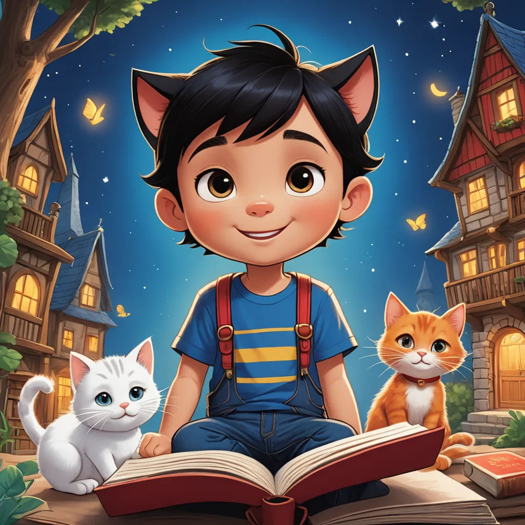 a boy sitting on a book with two cats in front of him and a house with a cat on it, fantasy art, a storybook illustration, Diego Gisbert Llorens, storybook illustration