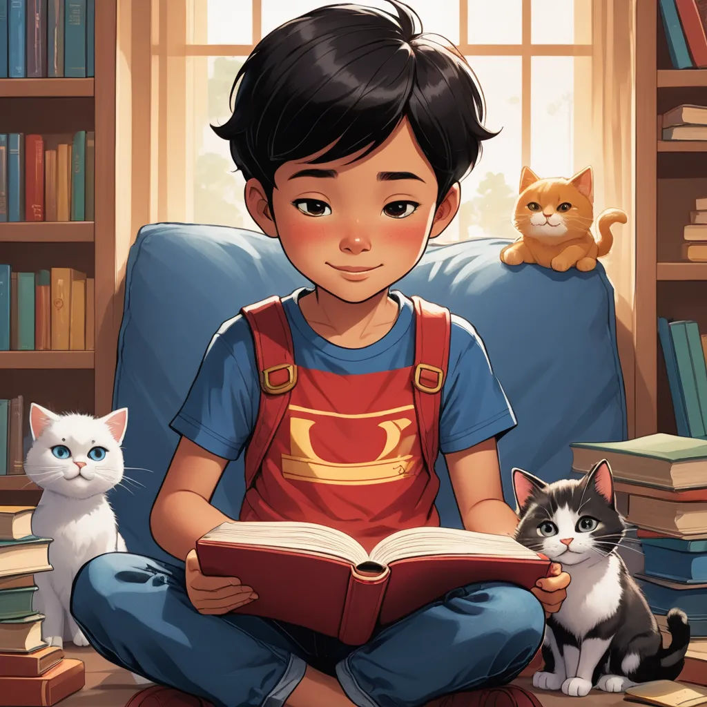 a boy sitting on a chair reading a book with two cats nearby him and a cat sitting on the floor, sots art, a storybook illustration, Everett Warner, comic cover art