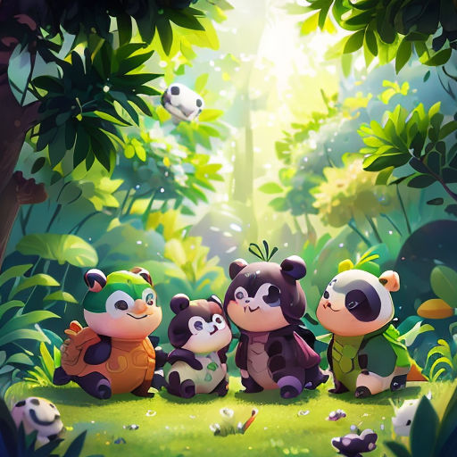 a group of pandas sitting in the middle of a forest with a panda bear in the middle of the picture