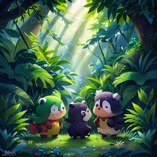 three cartoon animals are standing in the jungle together, with sunlight streaming through the trees behind them and a bright light coming from the top of the trees