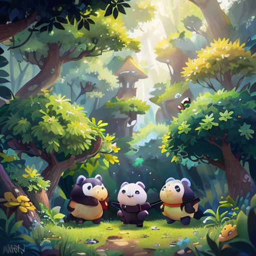 three pandas in the forest with trees and plants around them, with a sunbeam in the background