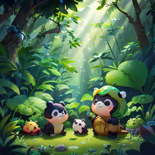 a panda and her cubs in the jungle with sunbeams and trees in the background, with a green hat on