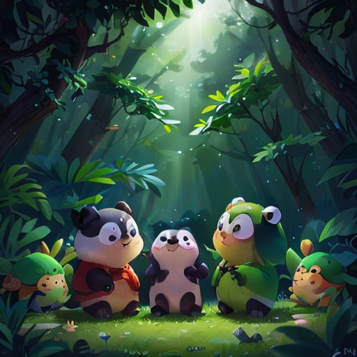 a group of pandas sitting in the middle of a forest with a light shining through the trees and a forest floor
