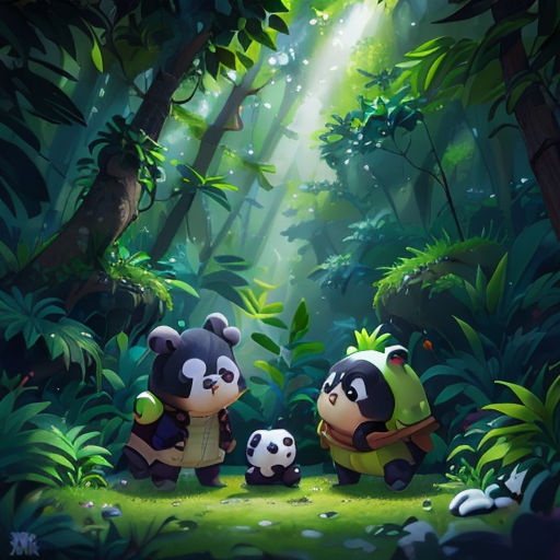 a panda and her cub are in the jungle with sunlight streaming through the trees and leaves on the ground