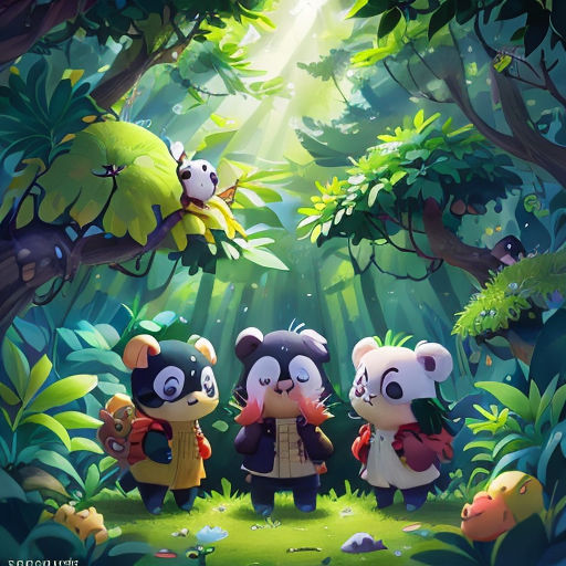 a group of pandas standing in the middle of a forest with a panda bear on it's back