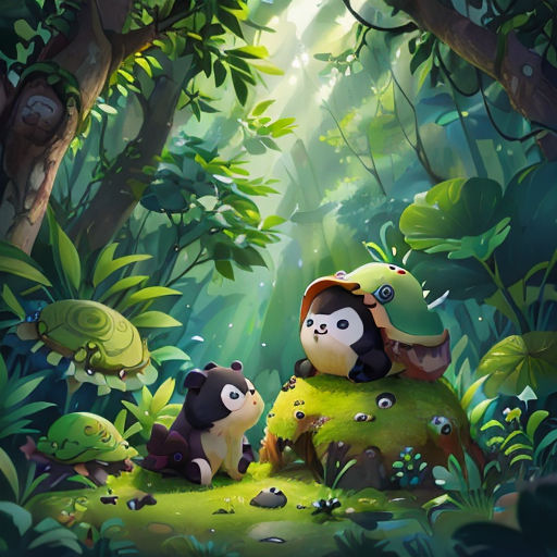 a panda and her baby in the forest with a mushroom on their head and a mushroom on their head
