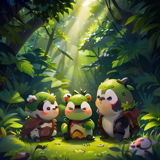 a group of cartoon animals sitting in the middle of a forest with sunbeams behind them and a green background