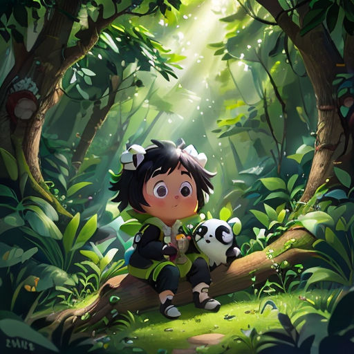 a cartoon girl sitting on a tree branch in the forest with a panda bear in her lap and a light shining through the trees