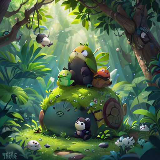 a cartoon scene of a forest with a bunch of animals on a rock in the middle of the forest