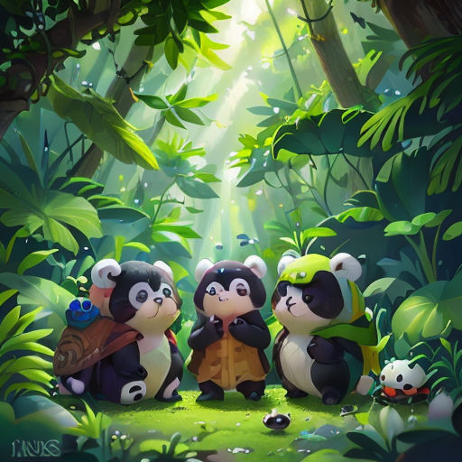 a group of pandas sitting in the middle of a forest with a panda bear holding a bag and another panda bear standing next to them
