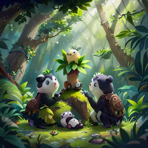a group of pandas sitting on top of a tree stump in the forest with a bird on top of it