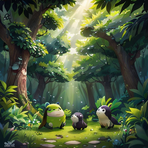 a group of animals sitting in the middle of a forest with sunlight streaming through the trees and leaves on the ground