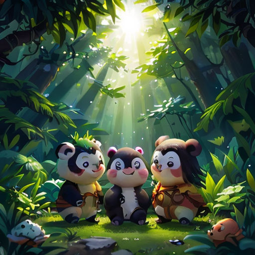 three pandas are sitting in the middle of a forest with sunlight shining through the trees and leaves on the ground