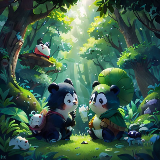two pandas are sitting in the middle of a forest with a panda bear on the ground and another panda bear on the ground