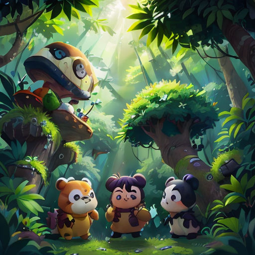 a group of cartoon animals standing in the middle of a forest with a giant mushroom in the background and a panda in the foreground