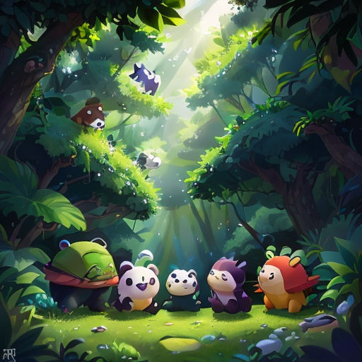 a group of pandas in the forest with a light coming through the trees and a bear in the background