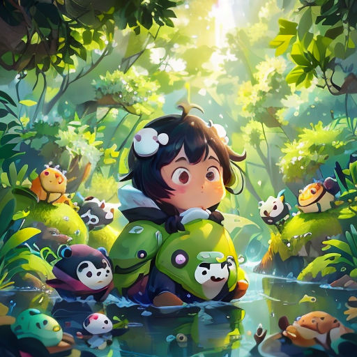 a girl sitting in the middle of a forest surrounded by animals and plants, with a pond in front of her