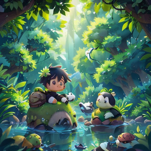 a boy and a girl sitting on a rock in a forest with pandas and other animals around them