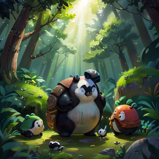 a panda bear and two other animals in a forest with sunbeams and trees in the background, with a backpack on its back