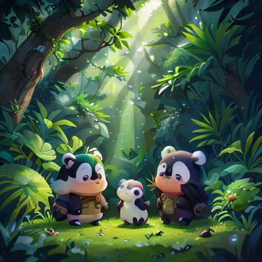 a group of pandas sitting in the middle of a forest with a light shining through the trees and a baby panda standing between them
